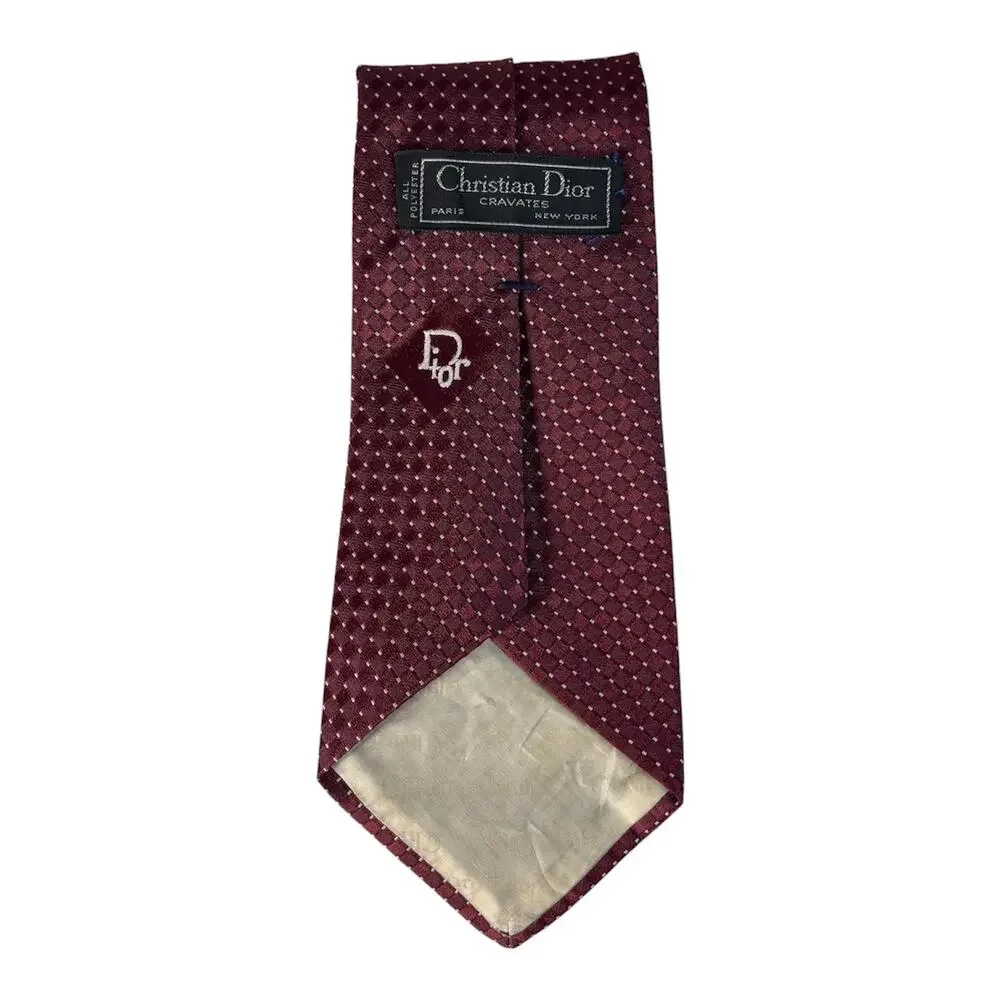 CHRISTIAN DIOR MENS NECKTIE BURGUNDY DOT PATTERN JACQUARD WEAVE “DIOR” LOGO - Picture 3 of 5